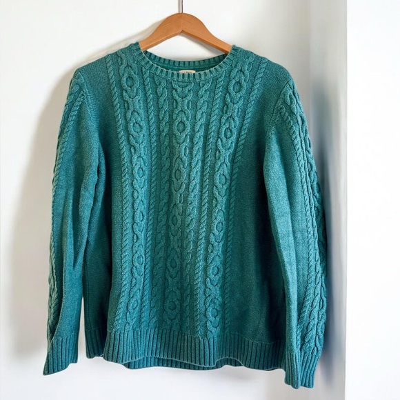 L.L. Bean Sweaters - LL Bean Vintage Cable Knit Sweater Teal Cotton XL Fisherman Crewneck 90s